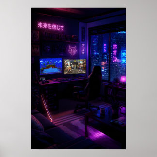 Cyberpunk-Gaming-Setup Neon-Raum-Ästhetik-Kunst Poster