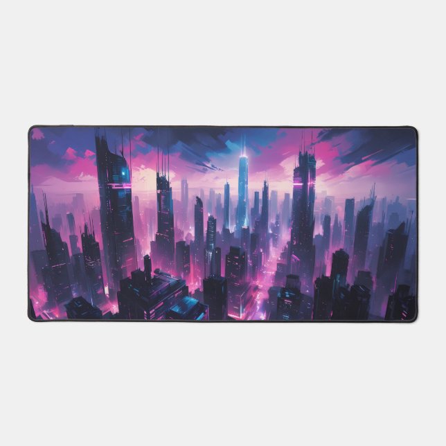 Cyberpunk Glow City - Futuristische Neon Skyline Schreibtischunterlage (Vorderseite)