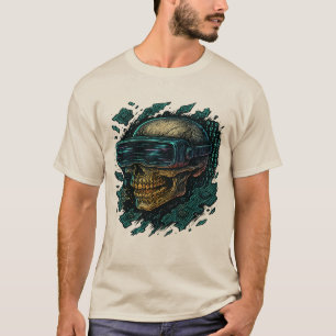 Cyberpunk Glowing Skull with VR Headset - Futurist T-Shirt