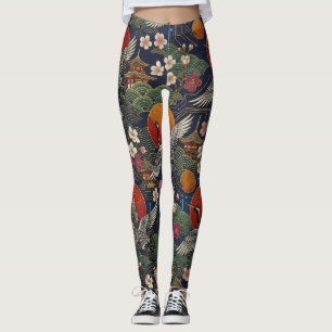 Cyberpunk Japanische Kraniche und Sakura Nahtlos Leggings