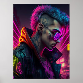 Cyberpunk-Mädchen in Neonstadt Poster