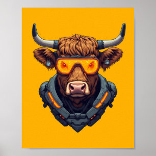 Cyberpunk-Mecha-Hochlandkuh Neonorange Gamer  Poster