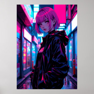 Cyberpunk-Neon-Anime-Alley-Mädchen Poster