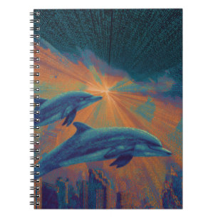 Cyberpunk Neon Dolphins Cityscape Notebook Notizblock