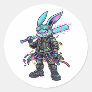Cyberpunk-Neon-Hasen-Krieger – Futuristischer Hase Runder Aufkleber