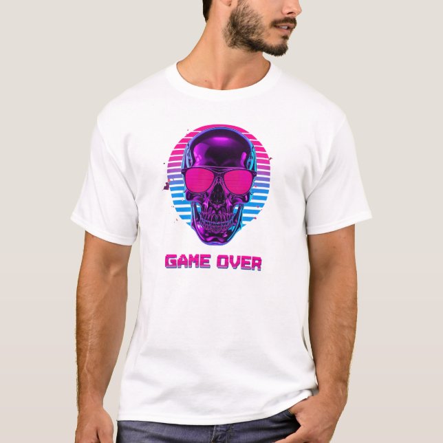 Cyberpunk Neon Skull Game Over T-Shirt in Pink and (Vorderseite)