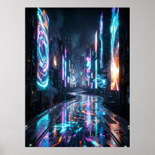 Cyberpunk Neon Stadt Zukunftsstraße Poster