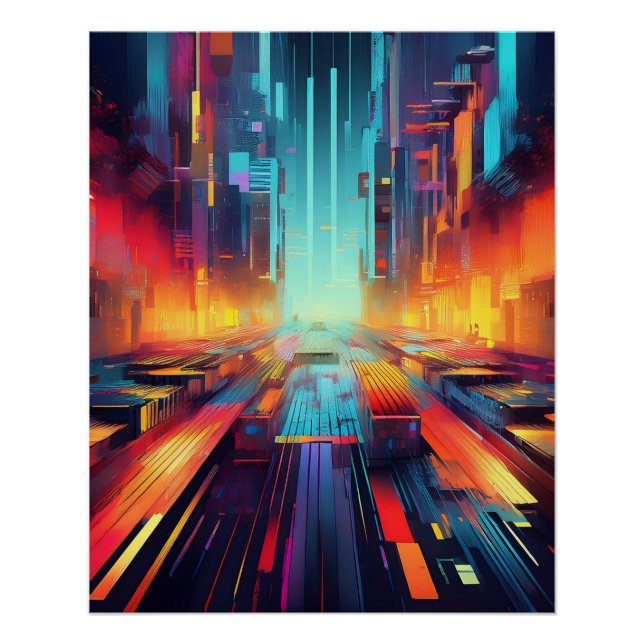 Cyberpunk Neon Street - Futuristische Kunst in der Poster (Vorderseite)