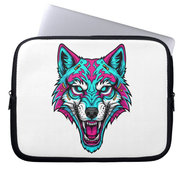 Cyberpunk-Neon-Wolf - Synthwave-Roboter-Tier Laptopschutzhülle (Vorderseite)