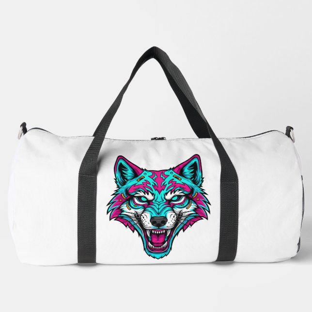 Cyberpunk Neon Wolf - Synthwave Robotic Animal Duffle Bag (Vorderseite)