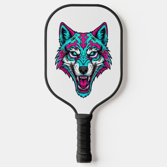 Cyberpunk Neon Wolf - Synthwave Robotic Animal Pickleball Schläger (Vorderseite)