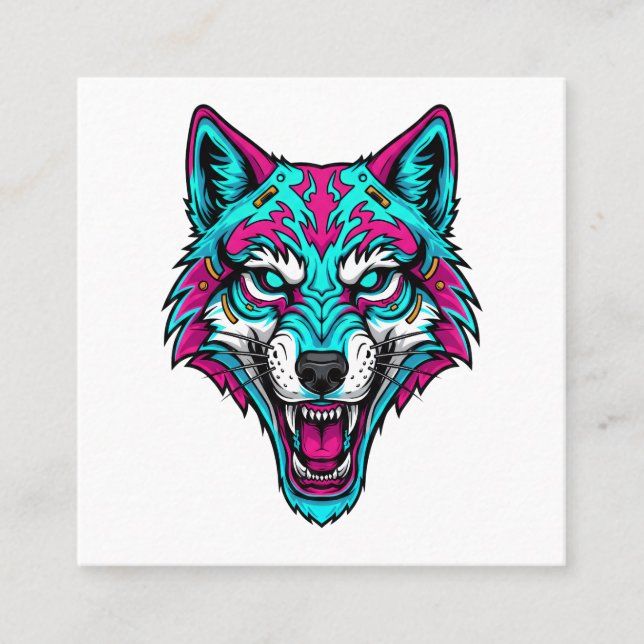 Cyberpunk Neon Wolf - Synthwave Robotic Animal Quadratische Visitenkarte (Vorderseite)