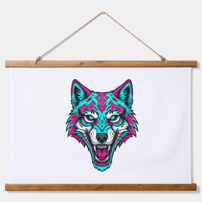 Cyberpunk Neon Wolf - Synthwave Robotic Animal Wandteppich Mit Holzrahmen (Vorne)