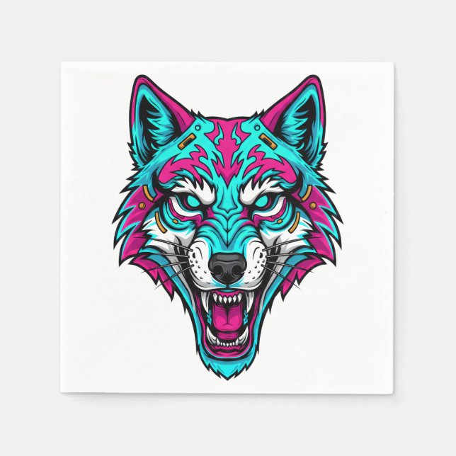 Cyberpunk-Neonwolf - Synthwave-Roboter-Tier Serviette (Vorderseite)