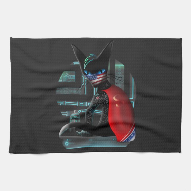 Cyberpunk Ninja Black Cat Geschirrtuch (Horizontal)