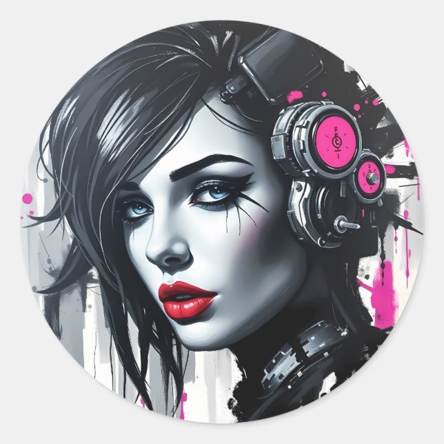 Cyberpunk Rebel Girl Runder Aufkleber (Vorderseite)