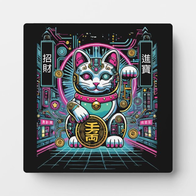 Cyberpunk Robot Maneki Neko Lucky Cat, Geld Fotoplatte (Vorderseite)
