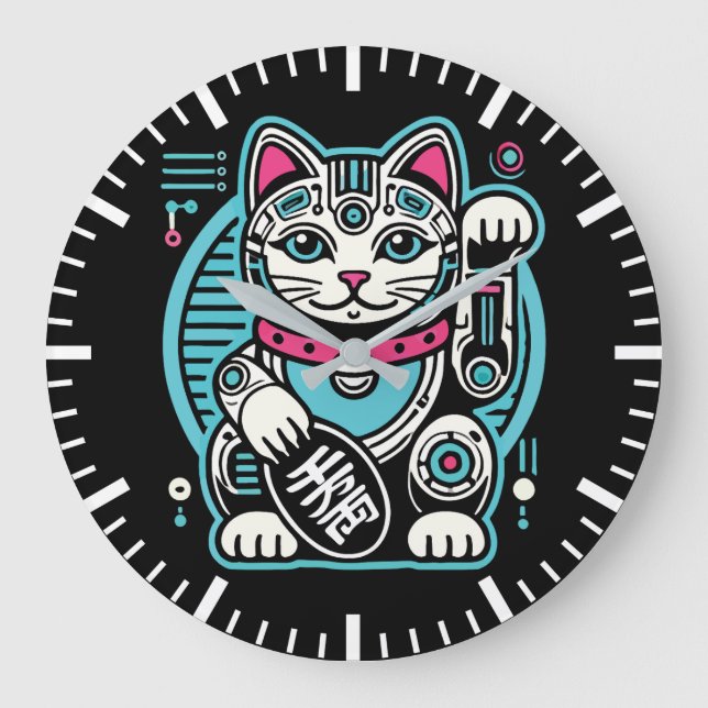 Cyberpunk Robot Maneki Neko Lucky Cat, Geld Große Wanduhr (Vorderseite)