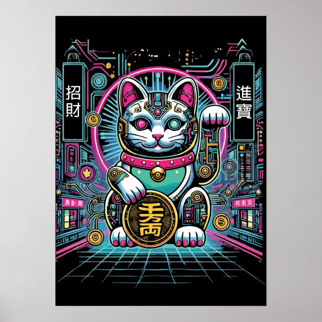Cyberpunk Robot Maneki Neko Lucky Cat, Geld Poster (Vorne)