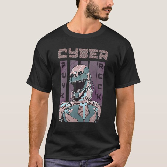 Cyberpunk Rock Future Hard Rock mit Rocking Robot T-Shirt (Vorderseite)