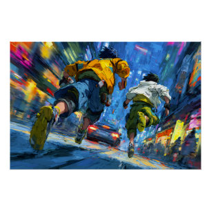 Cyberpunk-Runner Neon-Regen-Verfolgungsjagd Aktion Poster