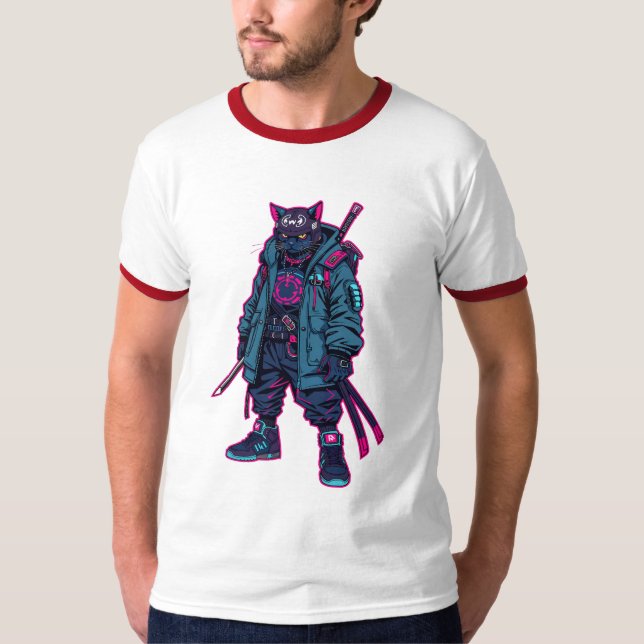 Cyberpunk Samurai Cat Neon Anime Art T-Shirt (Vorderseite)