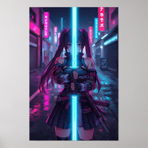 Cyberpunk-Samurai-Girl Neon-Katana-Anime Poster