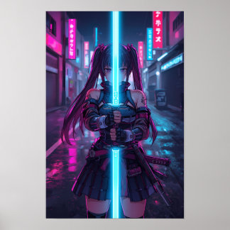 Cyberpunk-Samurai-Girl Neon-Katana-Anime Poster