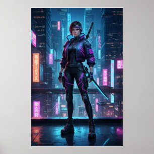 Cyberpunk-Samurai-Mädchen Neon City Warrior Post Poster