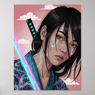 Cyberpunk-Samurai-Mädchen Poster
