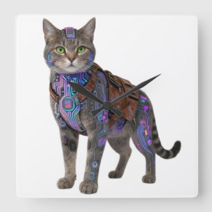 Cyberpunk-Schaltkreis-Katze – Neon-Tech-Biest Quadratische Wanduhr
