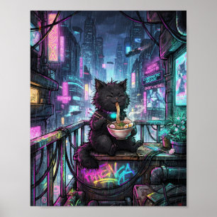 Cyberpunk-Schwarze-Katze-Ramen-Poster - Neon F Poster