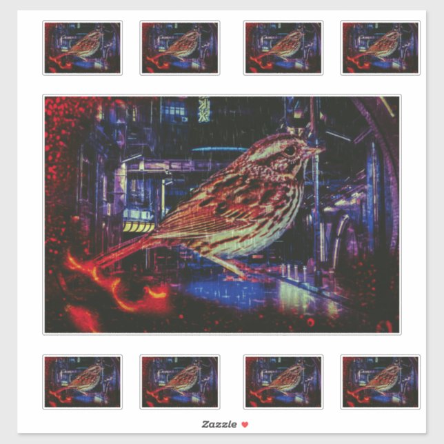 Cyberpunk Sparrow in Neon Cityscape Aufkleber (Blatt)