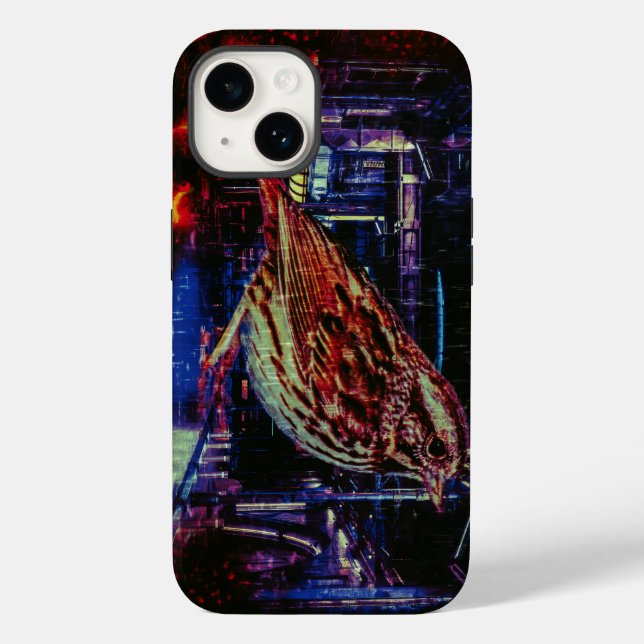 Cyberpunk Sparrow in Neon Cityscape Case-Mate iPhone 14 Hülle (Rückseite)