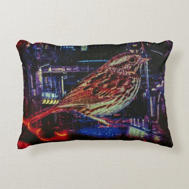 Cyberpunk Sparrow in Neon Cityscape Dekokissen (Vorderseite)