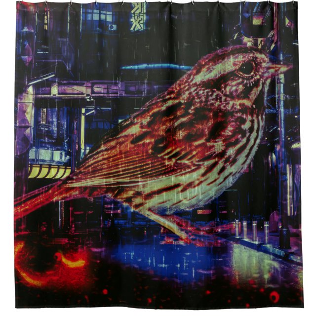 Cyberpunk Sparrow in Neon Cityscape Duschvorhang (Vorderseite)