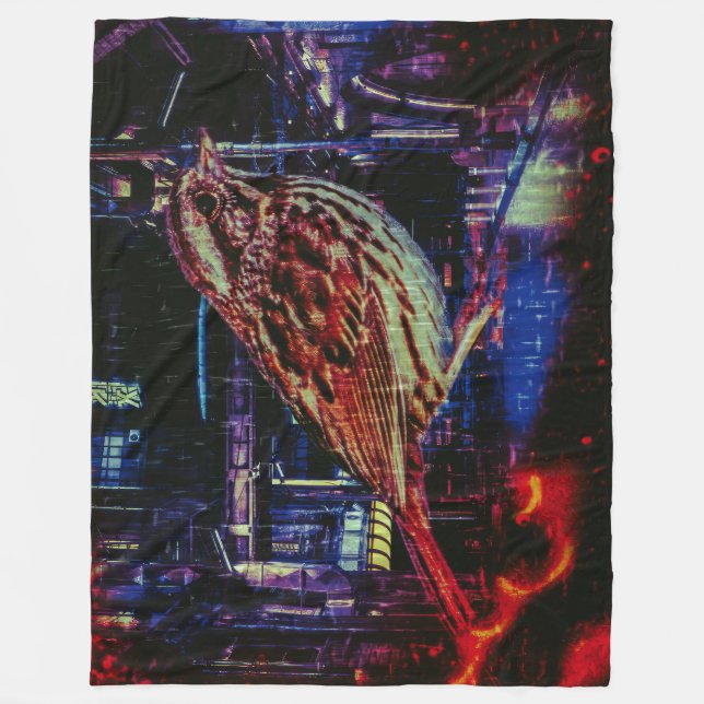 Cyberpunk Sparrow in Neon Cityscape Fleecedecke (Vorderseite)