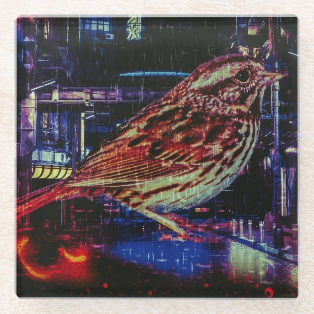 Cyberpunk Sparrow in Neon Cityscape Glasuntersetzer (Vorderseite)