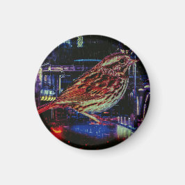 Cyberpunk Sparrow in Neon Cityscape Magnet