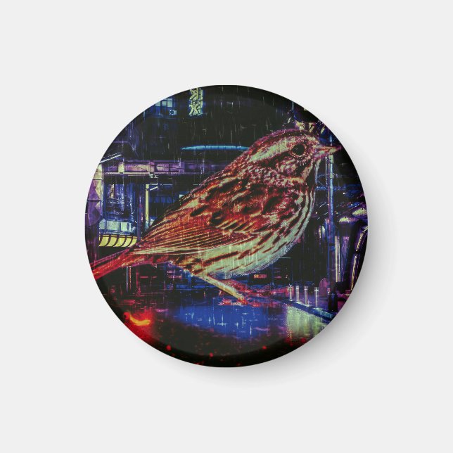 Cyberpunk Sparrow in Neon Cityscape Magnet (Vorne)