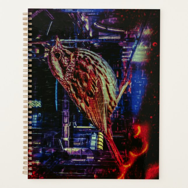 Cyberpunk Sparrow in Neon Cityscape Planer (Vorderseite)