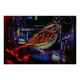 Cyberpunk Sparrow in Neon Cityscape Poster