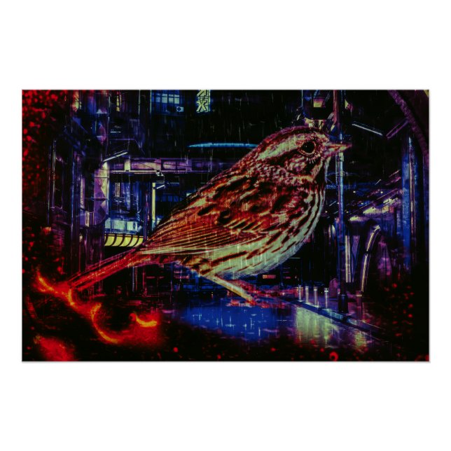 Cyberpunk Sparrow in Neon Cityscape Poster (Vorderseite)