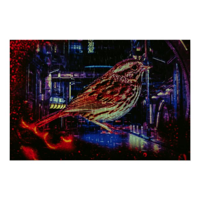 Cyberpunk Sparrow in Neon Cityscape Poster (Vorderseite)