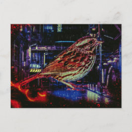 Cyberpunk Sparrow in Neon Cityscape Postkarte