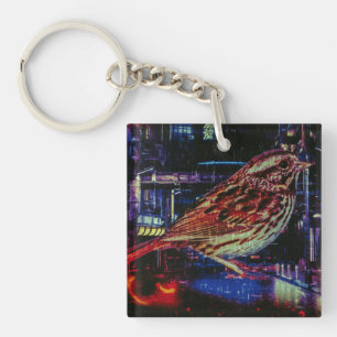 Cyberpunk Sparrow in Neon Cityscape Schlüsselanhänger