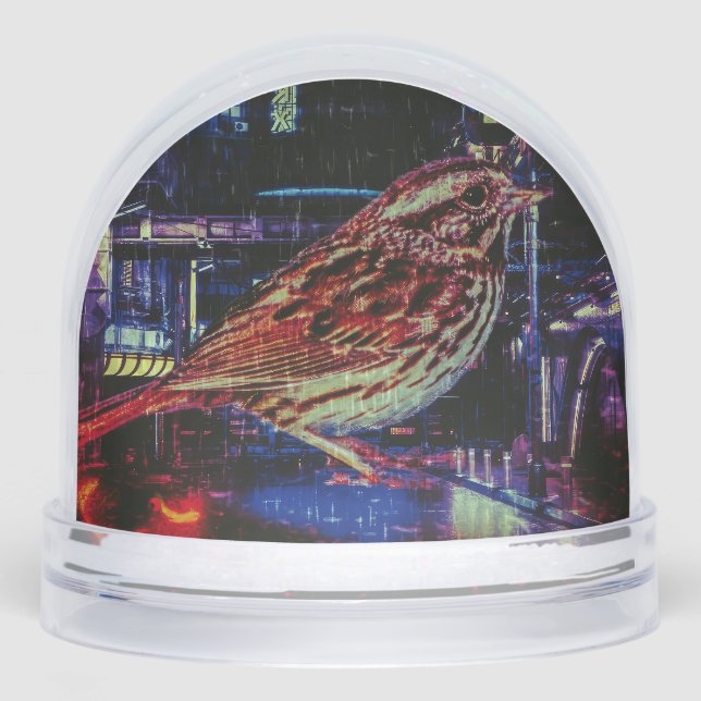 Cyberpunk Sparrow in Neon Cityscape Schneekugeln (Vorderseite)