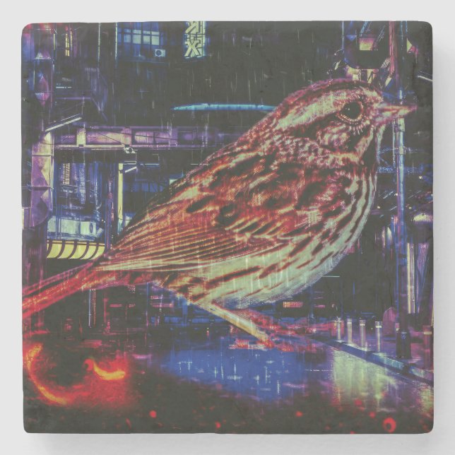 Cyberpunk Sparrow in Neon Cityscape Steinuntersetzer (Vorderseite)