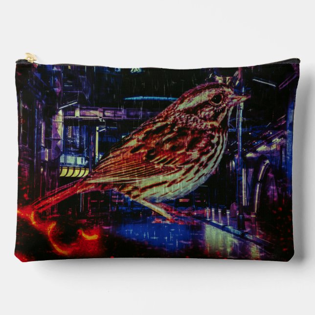 Cyberpunk Sparrow in Neon Cityscape Zubehörtasche (Vorderseite)