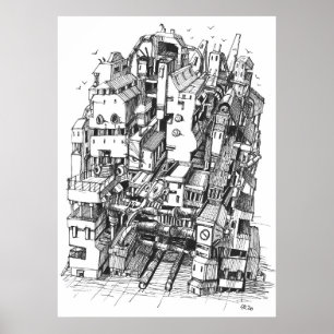 Cyberpunk Stadt Tintenkunst Poster